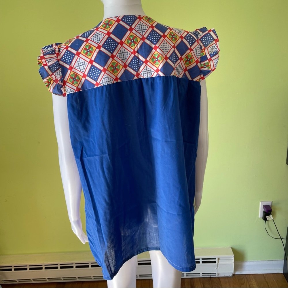 Vintage Blue Patterned Pocket Button Up House Top… - image 2